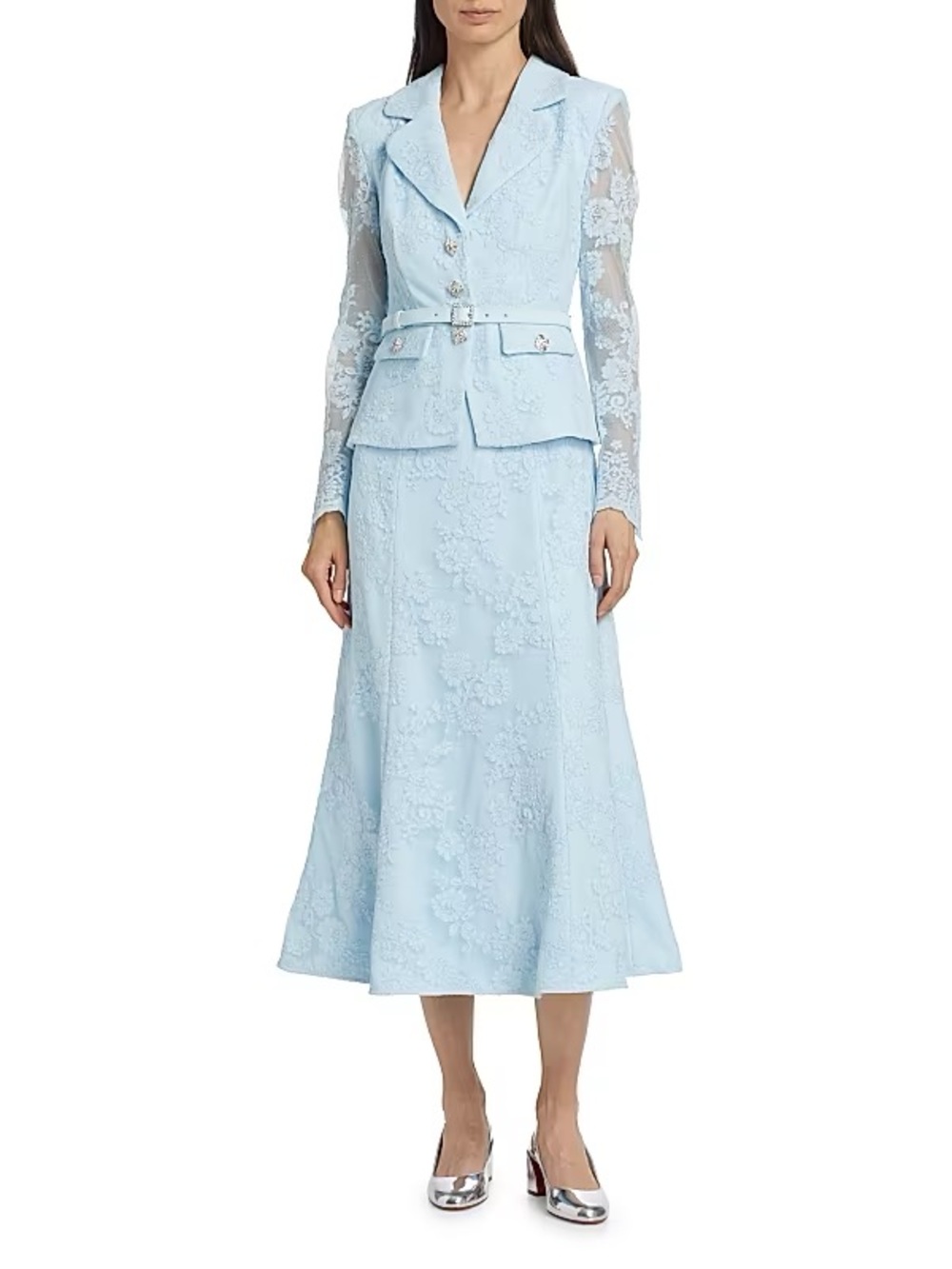 Self-Portrait Powder Blue Lace Tailored Jacket with Crystal Buttons